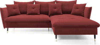 Produktbild von DomoHome Ecksofa GLAM mit Schlaffunktion, Freistehend, Ottomane und Goldenen Füßen – Samtsofa im Glamour-Stil für Ihr Wohnzimmer, mit Zierkissen, 258x167x91cm, Rechte Seite BURGUND