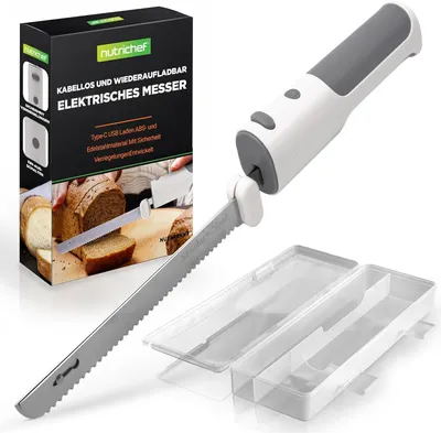 Produktbild von Nutrichef Elektrisches Küchenmesser – Akku-Messer mit Edelstahlklingen, USB-C, 11,42″ Edelstahlklingen, Weiß