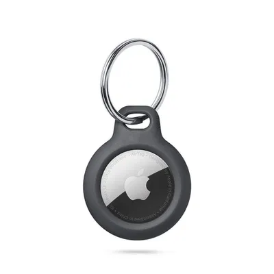 A black Apple AirTag attached to a keychain ring, shown against a white background.