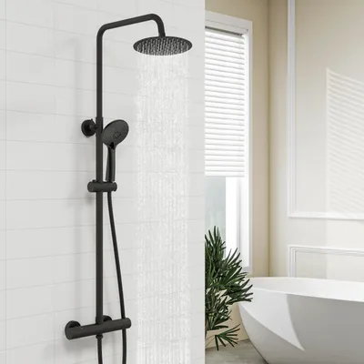Produktbild von Duschsystem mit Thermostat, Regendusche, Edelstahl, Regenkopf, runde Duschsäule, Duschgarnitur inkl. 3-Strahlen-Handbrause, höhenverstellbar, vollrund