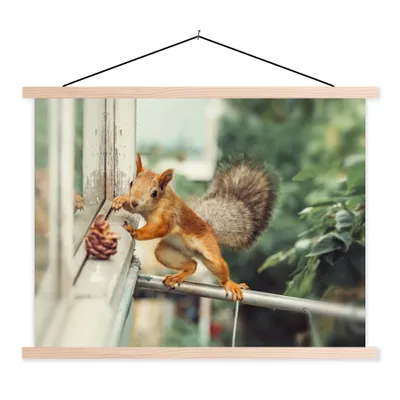 Produktbild von MuchoWow® Textilposter Eichhörnchen - Fenster - Herbst - Tannenzapfen 150x113 cm mit holzfarbenen Rahmen - Poster