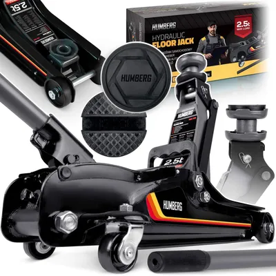 A collage of images showcasing a black hydraulic floor jack, its components, and packaging.