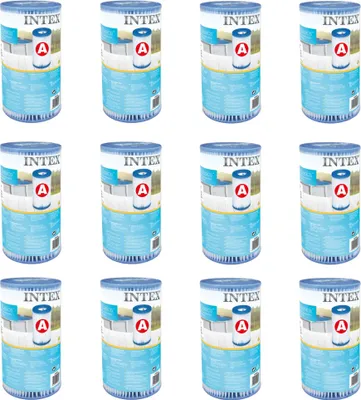 A grid of Intex pool filter cartridges, type A, stacked vertically.