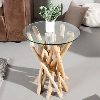 Immagine prodotto di Tavolino di design DRIFTWOOD 40 cm in teak con piano in vetro, rotondo; tavolino da salotto, tavolino da divano, tavolino da soggiorno