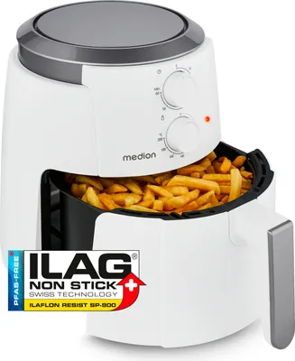 A white Medion air fryer filled with french fries, with a marketing sticker on the front.