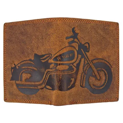 Produktbild von Hochwertiges Büffelleder Echtleder Portemonnaie mit RFID-Schutz und Motorrad - Motiv in Tan Braun