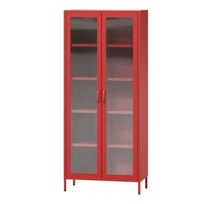 Produktbild von Vitrinenschrank Wohnzimmerschrank mit 4 Fachböden Vitrine Glitzernd Metall Rot