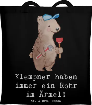 Produktbild von Mr. & Mrs. Panda Tote Bag Klempner Helden - Schwarz - Geschenk, personalisierte Geschenke, Berufsleben, Laptoptasche, Beutel, Tasche, Wasserinstallation, mit Herz, Beruf