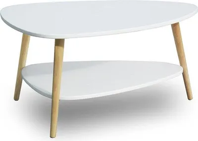 A white coffee table with wooden legs is shown against a white background.