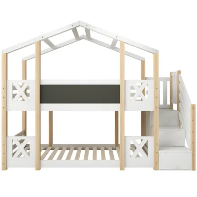 Produktbild von Flieks Etagenbett 90x200cm Kinderbett mit Tafel, Hochbett mit Rausfallschutz, Hausbett mit Schubladentreppe, Massivholzbett mit Lattenrost für 2 Kinder
