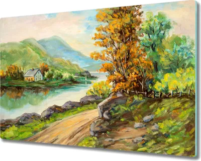 Produktbild von Coloray Hackbrett Küchenbrett Kochplattenabdeckung Schneidebrett Herdabdeckplatte 80x52 cm - Das Dorf Baum Fluss