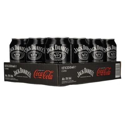 A case of Jack Daniel's No. 7 Whiskey & Coca Cola cans.