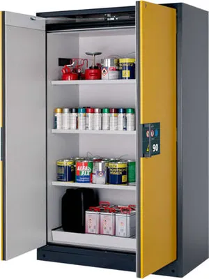 Produktbild von Gefahrstoffschrank - 1.953x1.193x615 mm - 3 Edelstahl-Fachböden - Front goldgelb