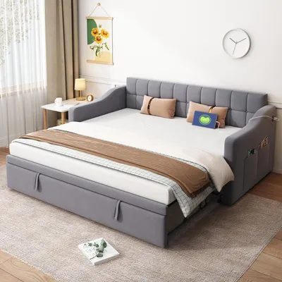 Productafbeelding van Slaapbank 90/180 x 190 cm, uitschuifbaar met beklede slaapgedeelte, voorzien van USB-oplaadpoorten, opbergzakken en een stevig lattenbodem. 2-in-1 slaapbank, fluweel, grijs