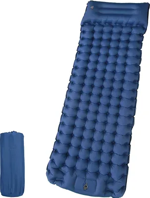 A blue inflatable sleeping mat and its rolled-up form are displayed against a white background.