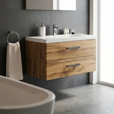 Produktbild von Quentis Badmöbel Genua, Breite 80 cm, Holzdekor Eiche Natur, Waschtischunterschrank montiert