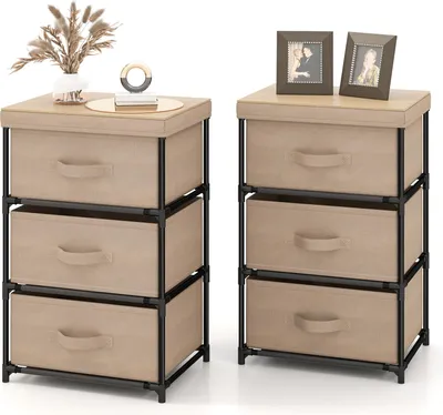 Produktbild von COSTWAY Nachttisch mit 3 Schubladen, 2er Set, Beistelltisch mit Metallrahmen, Kommode, Aufbewahrungsschrank, Stoffkommode, 40 x 30 x 62 cm, Braun