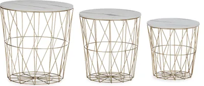 Immagine prodotto di Set di 3 tavolini Relaxdays con struttura a cesto, rotondi, tavolini da salotto, metallo ed effetto marmo, 3 misure, tavolini con struttura a cesto in filo metallico, bianco/oro