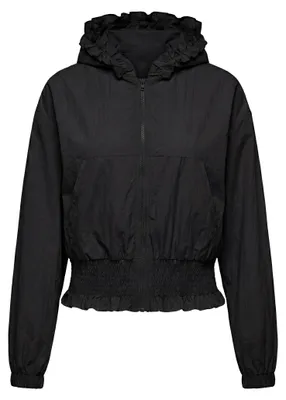 Produktbild von Schwarze Jacke Größe M mit Kapuze, Reißverschluss, normaler Passform und zarten Rüschen
