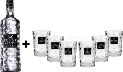 Produktbild von Three Sixty Set Geschenkset ? Three Sixty Vodka Wodka 1L 1000ml (37,5% Vol) + 6x Tumbler 0,2l 200ml Facettenschliff Glas- [Enthält Sulfite]