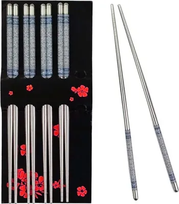 Produktbild von Set mit 5 Paar rutschfesten Essstäbchen aus Edelstahl mit blau-weißem Porzellanmuster