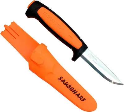 A Morakniv knife and its sheath are displayed against a white background.