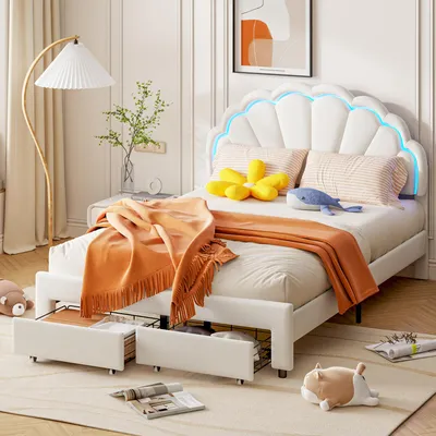 Zdjęcie produktu dla Łóżko dziecięce INONEFT, łóżko tapicerowane 140x200 cm z podświetleniem LED, łóżko dwuosobowe z zagłówkiem w kształcie płatka kwiatu i stelażem, łóżko młodzieżowe z szufladą, obite welurem, kolor biały