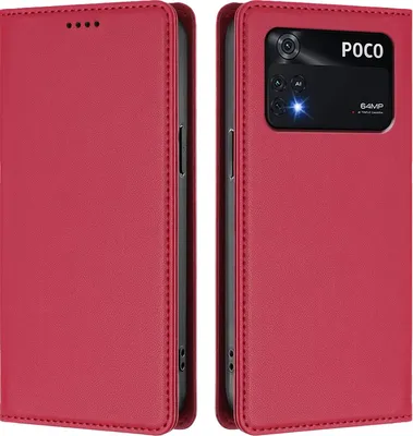 Image de Etui en cuir pour Xiaomi Poco M4 Pro 4G, étui magnétique en cuirPolyuréthaneavec support Rouge
