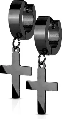 Produktbild von Klappcreolen Creolen Kreuz Anhänger Herren Damen Edelstahl Cross schwarz
