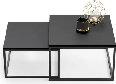 Image de Table basse 2pcs carrée noire en bois, table de salon, table d'appoint set 2 en 1 avec piétement métal pour salon bureau loft design TWIN
