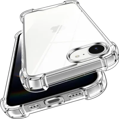 A transparent protective case for an iPhone is shown from a diagonal angle.