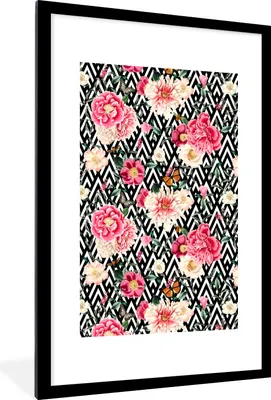 Produktbild von MuchoWow® MuchoWow® Gerahmtes Poster Blumen - Rosa - Schmetterling 60x90 cm - Poster mit zchwarzem Bilderrahmen - Dekoration - Wandposter Wohnzimmer - Hochwertig