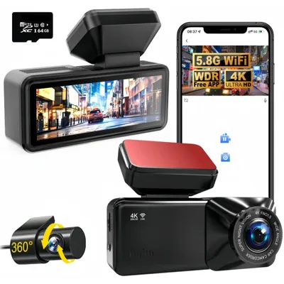 Produktbild von 4K Dual Dashcam mit 64GB SD Karte, GPS & WLAN Dashcam Auto Vorne Hinten, 2,89″ Display, 170°Weitwinkel WDR, Loop-Aufnahme, Dashcamera Auto, Nachtsicht