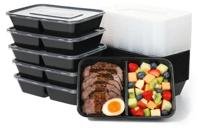 Image de 25 boîtes repas, 2 compartiments, récipients de 500 ml avec couvercle, plastique adapté au micro-ondes, récipients alimentaires réutilisables et hermétiques pour le déjeuner et le sport