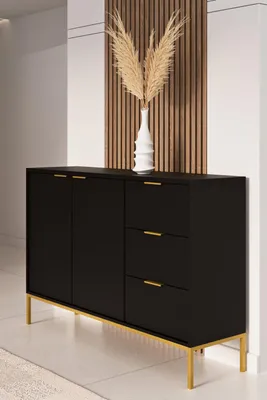 Imagen del producto de Cómoda moderna de color con pomos dorados, ideal para salones y dormitorios