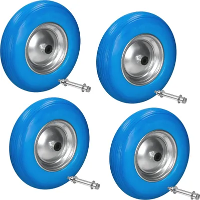 Produktbild von ECD Germany 4er Set Schubkarrenrad aus pannensicherem PolyurethanVollgummi, Ersatzrad Gummirad mit Achse, 4.80/4.00-8, Durchmesser 390 mm, Blau, 200kg, Reifen mit Stahlfelge