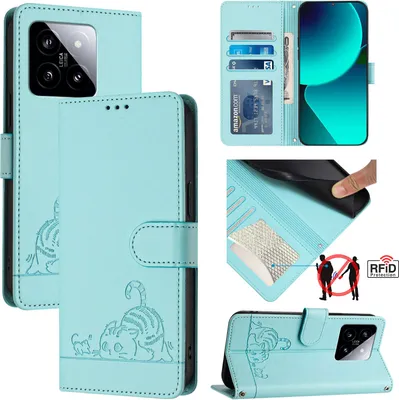 Produktbild von Leder Hülle für Xiaomi 14 Süße Katze Flip Case Brieftasche Schutzhülle mit Standfunktion hellgrün