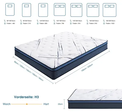 Produktbild von CHITA Taschenfederkernmatratze 90x190 cm, fest H3, 25 cm hoch, atmungsaktiv