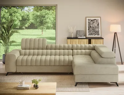 Produktbild von Ecksofa KANORA rechts mit Schlaffunktion, Bettkasten und verstellbaren Kopfstützen, 5-Sitzer, 269 x 204 cm, Hellbeige, Stoff Aura 18