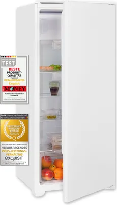 A white refrigerator with its door open, displaying food items inside. There are two award badges on the left side of the refrigerator.