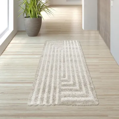 Produktbild von Flauschiger Hochflor-Teppich im 3D-Muster Modern Gemütlich mit Fransen in Beige Größe - 80 x 150 cm
