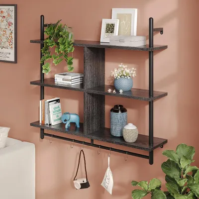Produktbild von 3-stufiges Schwebendes Rohrregal,Industrieregal Wandregal mit Hakens,Holzregal Leiterregal Bücherregal für Wohnzimmer Küche und Bad 105x24x94cm