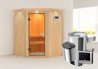 Produktbild von Karibu Sauna Innensauna Nanja Eckeinstieg Ofen 3,6 kW externe Strg.easy 165x165x202 cm mit Dachkranz  mit Bronzierter Tür