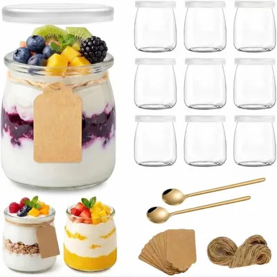 Image de Lot de 12 pots en verre transparent pour yaourt, avec couvercle et cuillère