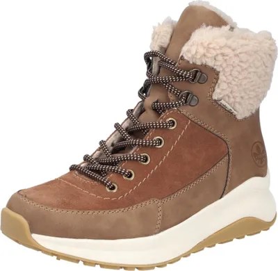 A single brown winter boot with white laces and fluffy lining is shown against a white background.