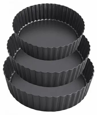 Zdjęcie produktu dla Forma do quiche tortownica do ciasta - Zestaw 3 szt. - 20/24/28 cm - Powłoka antyprzywierająca - Wyjmowane dno