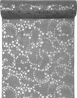 Produktbild von Tischläufer Jute Look Weihnachten Sterne in Grau / Silber 28 cm x 3 m