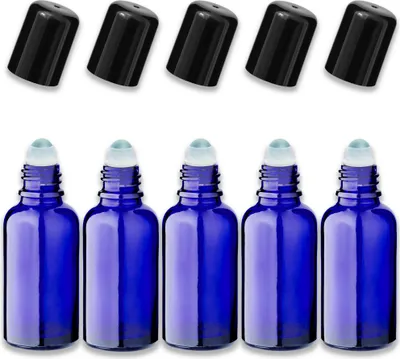 Produktbild von 5x Blaue Glasflasche 30 ml Roll-On mit schwarzem Schraubverschluss Set