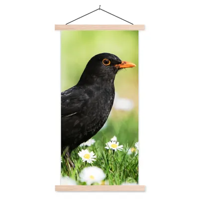 Produktbild von MuchoWow® Textilposter Vogel - Amsel - Blumen 60x120 cm mit holzfarbenen Rahmen - Holz