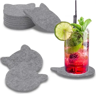 Produktbild von wortek Filz Untersetzer - Deko Tischset I Filzdeckel für Getränke, Tassen, Bar & Tisch, 8er Set I 10cm I Katzenform, Hellgrau